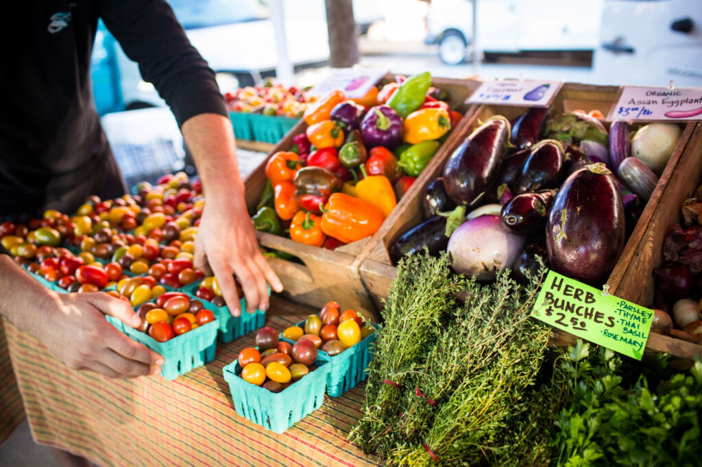 A colorful array of vegetables and herbs at Vermont local farmers' market